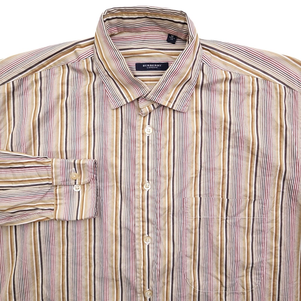 VTG Burberry London Shirt Mens M Tan Pink Stripe Dress Casual Button Up